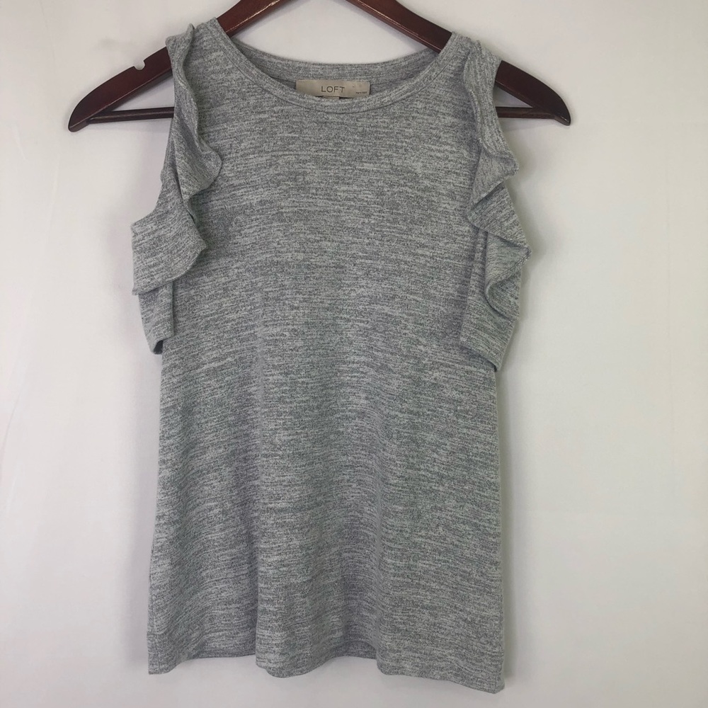 Loft Petites Ruffle Shirt Cold Shoulder Short Sleeve Top Gray Classic Modern